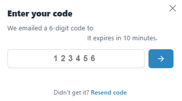 Enter your code screen with a six-digit code field and a Resend code link
