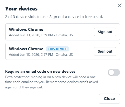 Your Devices screen showing two signed-in devices with sign-out buttons and an email-code toggle
