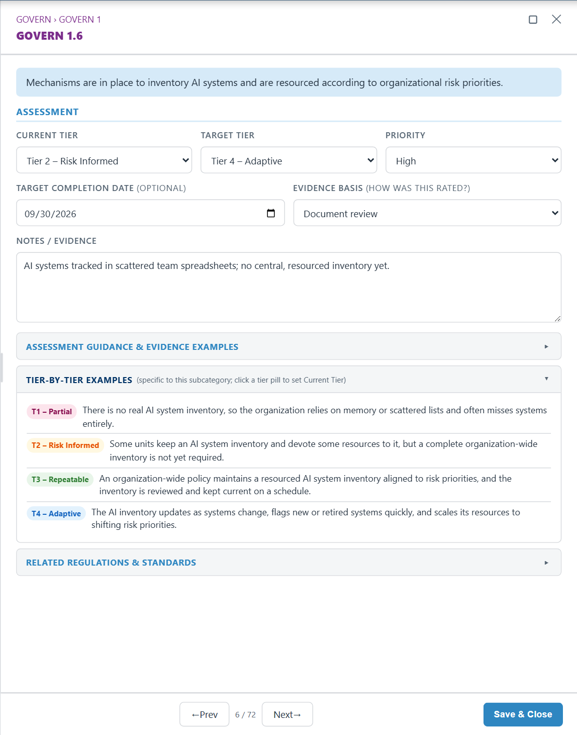 Risk Posture AI RMF tool: the GOVERN 1.6 subcategory drawer showing tier-by-tier examples (Partial to Adaptive) of an AI system inventory, with current and target tier fields